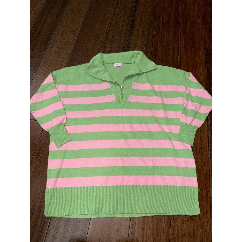Pink Lilly green pink striped quarter-zip sweater XS